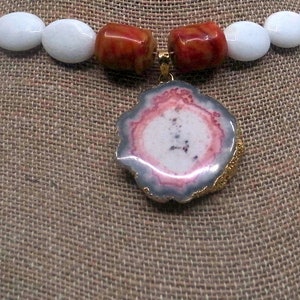 Beaded Necklace With Stone Brutalist Pendant And Carved Coral Accents Long Red And White And Grey image 10