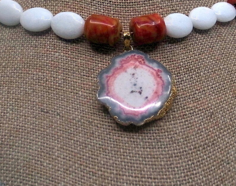 Beaded Necklace With Stone Brutalist Pendant And Carved Coral Accents Long Red And White And Grey image 10