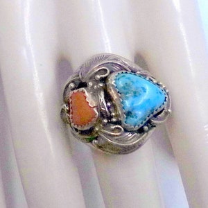 Old Pawn Navajo Turquoise And Coral Sterling Men's Ring Size 11 Signed Amazing Inside And Out image 8