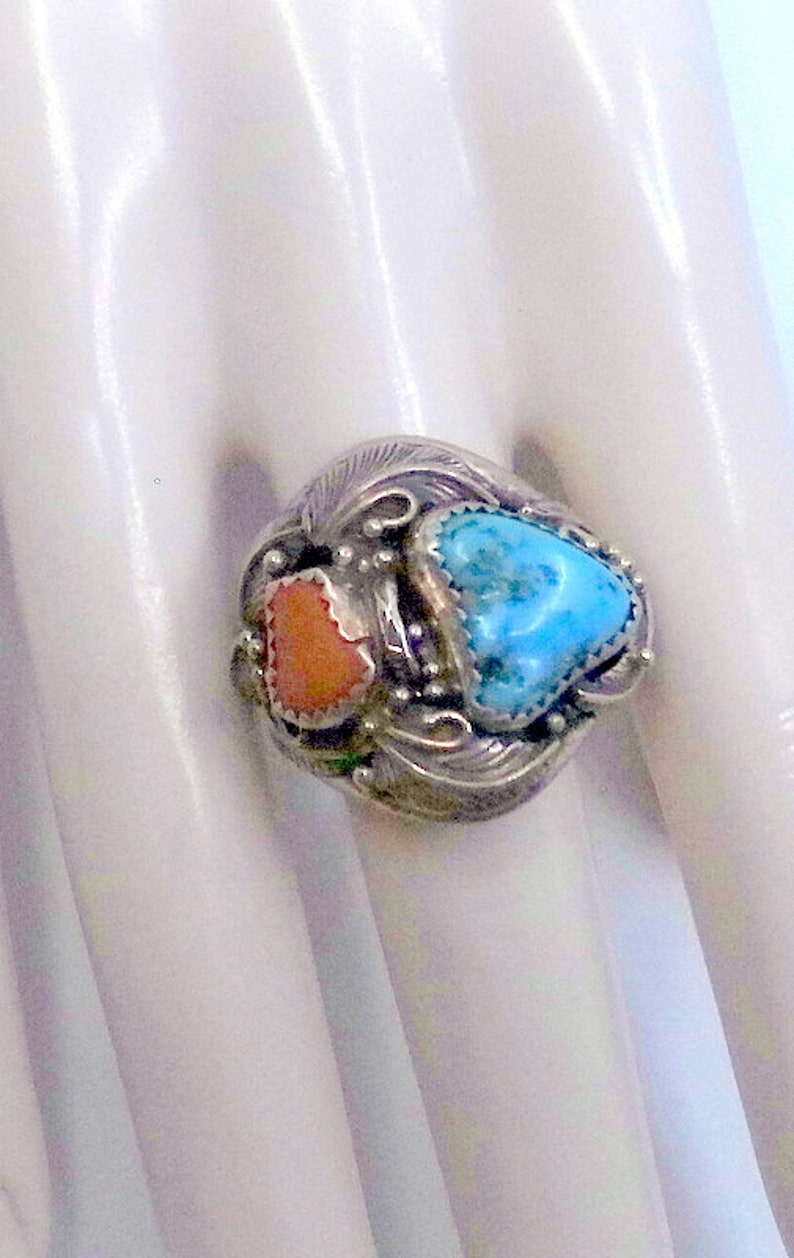 Old Pawn Navajo Turquoise And Coral Sterling Men's Ring Size 11 Signed Amazing Inside And Out image 8