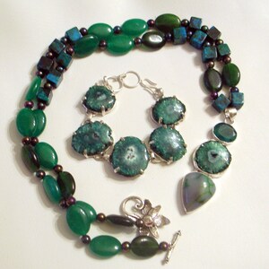 Green Druzy Bracelet And Necklace Set Chrysacola And Real Emerald Gemstone Beads With Real Jade Emerald Green image 2