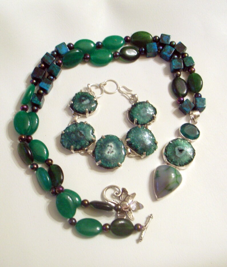 Green Druzy Bracelet And Necklace Set Chrysacola And Real Emerald Gemstone Beads With Real Jade Emerald Green image 2