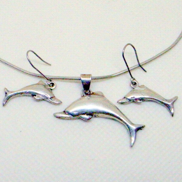 Vintage Dolphin Necklace AND Earrings - Handmade Sterling Silver - Silver Chain - Hallmarked - Dangle Dolphin Earrings