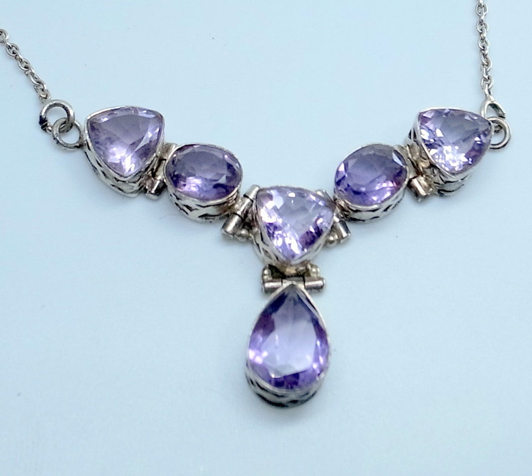 Vintage Amethyst Necklace 6 Big Sparkling Stones Trillion, Oval, Big