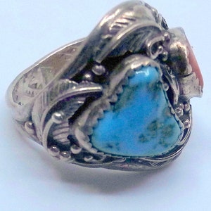 Old Pawn Navajo Turquoise And Coral Sterling Men's Ring Size 11 Signed Amazing Inside And Out image 9