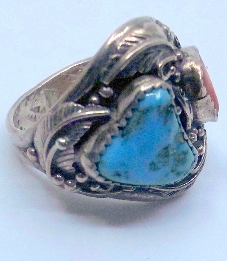 Old Pawn Navajo Turquoise And Coral Sterling Men's Ring Size 11 Signed Amazing Inside And Out image 9