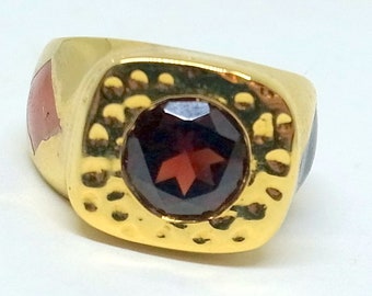 Vintage Garnet Ring - Gold Over Sterling - Poker Player's Ring - Gambler's Ring - Brutalist Ring - Gold Garnet Ring - 6.5 - Free Shipping