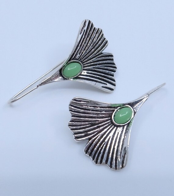 Vintage Ginkgo Earrings - Pierced Dangle - Green S