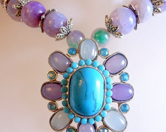 Paarse drakenader-agaatketting met blauwe en paarse vintage hanger