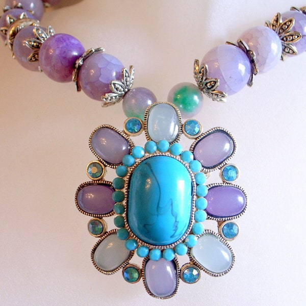 Purple Dragon's Vein Agate Necklace With Blue And Purple Vintage Pendant