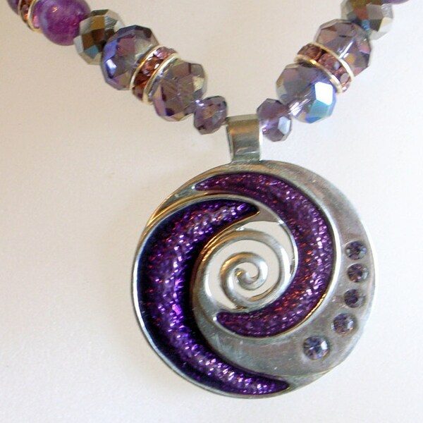 Purple Silver Swirl Necklace With Abstract Modernist Vintage Pendant - Jade - Crystals - Rhinestones - 22 Inches Long Or 56cm