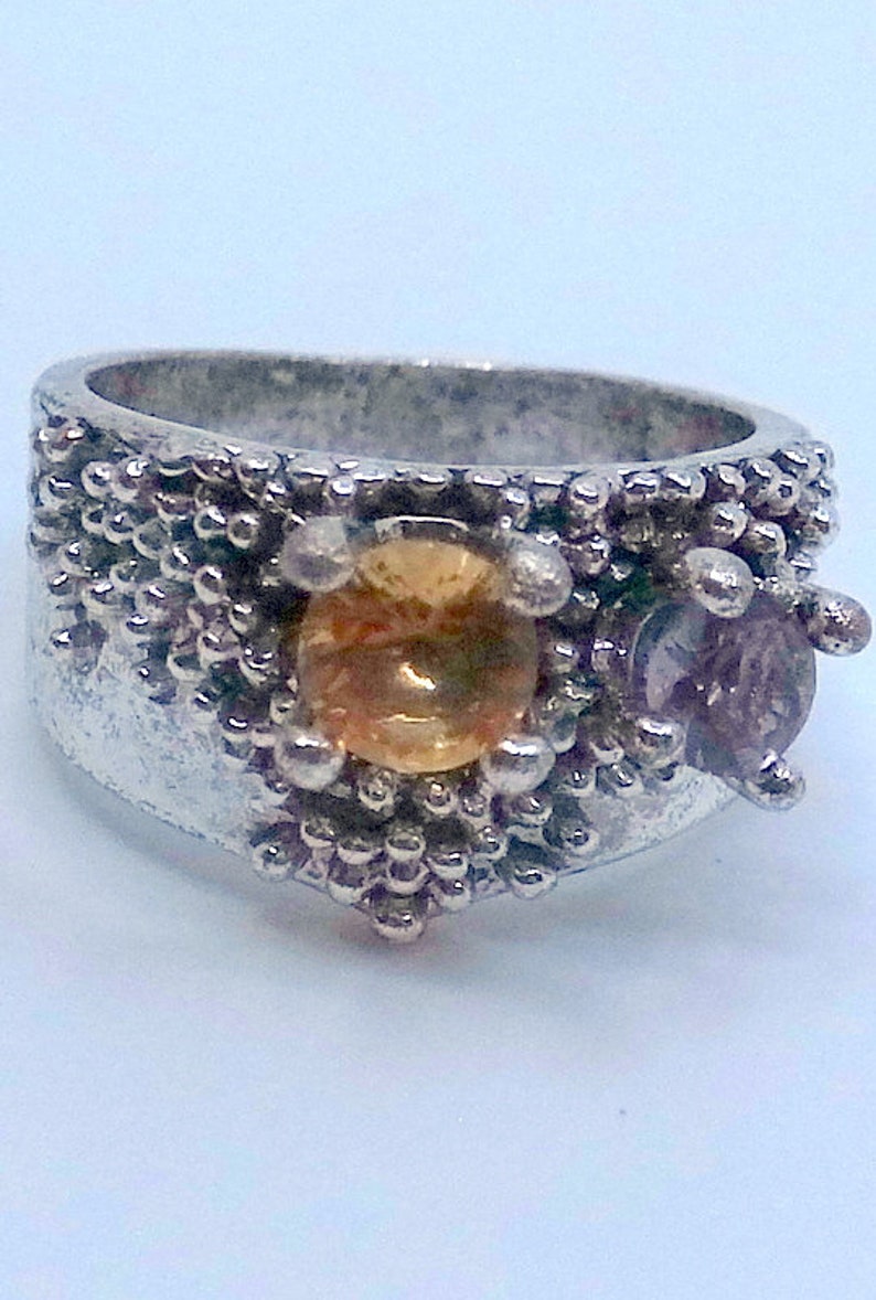 Sterling Brutalist Citrine And Amethyst Ring Size 7.5 Great Condition imagem 2