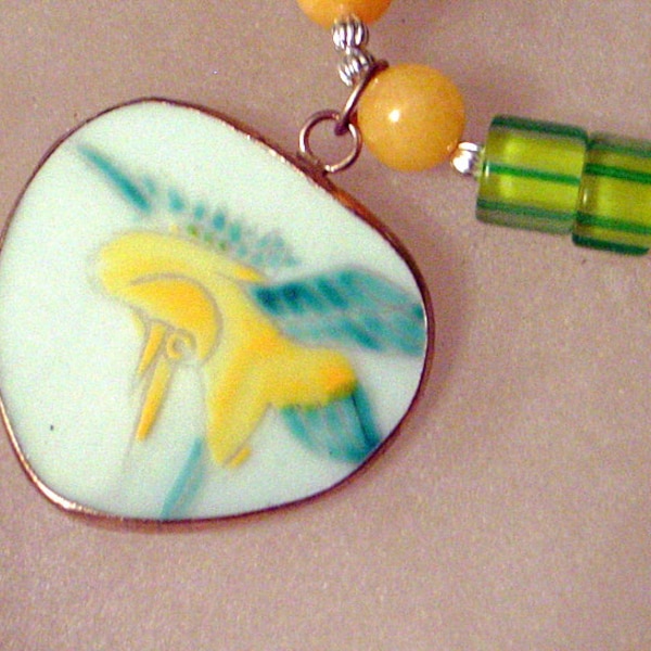 Yellow Daffodil Pendant Necklace- Antique Hand Painted Pottery Set in Silver- Yellow and Green-Jade, Pearls, Art Glass - Handmade