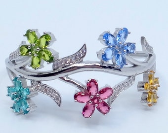 Multi - Gemstone Flower Bracelet - Peridot - Tanzanite - Garnet - Citrine - Aquamarine - Adjustable - Silver - Wide Cuff - Flowers