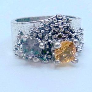 Sterling Brutalist Citrine And Amethyst Ring Size 7.5 Great Condition imagem 1