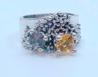 Sterling Brutalist Citrine And Amethyst Ring - Size 7.5 - Great Condition