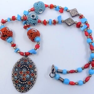 Vintage Tibet Silver - Turquoise - Coral Necklace - Inlaid Pendant - Handmade