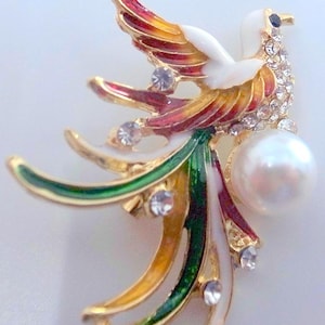 Phoenix Brooch -Colorful Enamel Bird Brooch With Bling And A Pearl - Bird Of Paradise Brooch Pin