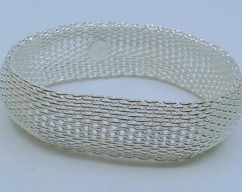 Sterling Silver Mesh Bangle Bracelet - 6 fo 7.5 Inch Wrist - Nice Craftsmanship - Fits Like A Cuff - Hallmarked