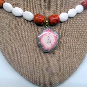 Beaded Necklace With Stone Brutalist Pendant And Carved Coral Accents Long Red And White And Grey image 9