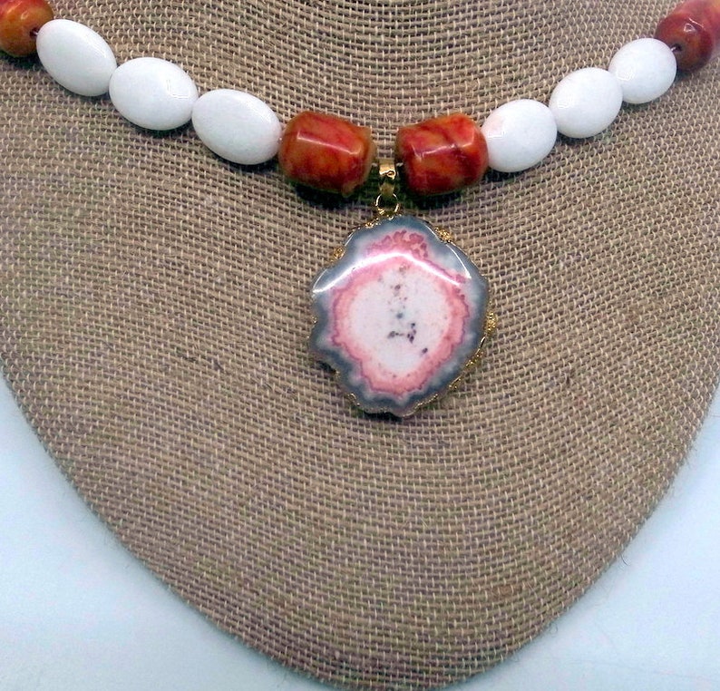 Beaded Necklace With Stone Brutalist Pendant And Carved Coral Accents Long Red And White And Grey image 9