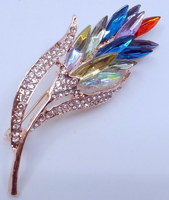 Colorful Rhinestone Leaf Brooch Multicolor BIG Goes With | Etsy
