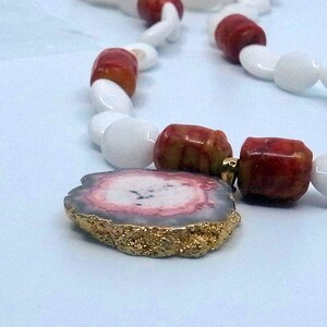 Beaded Necklace With Stone Brutalist Pendant And Carved Coral Accents Long Red And White And Grey image 5