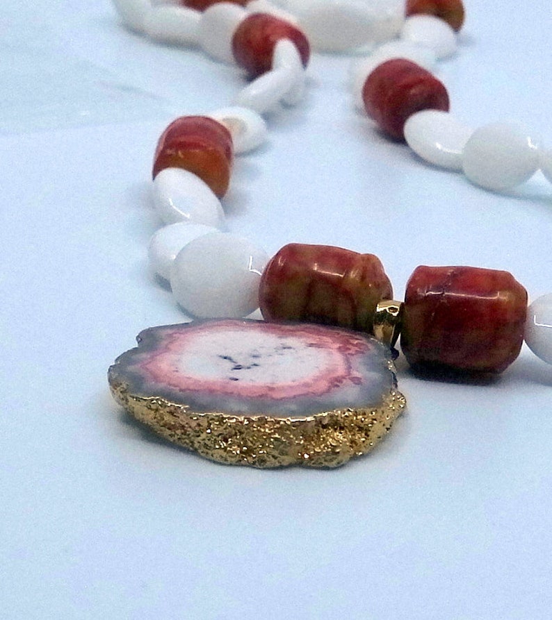 Beaded Necklace With Stone Brutalist Pendant And Carved Coral Accents Long Red And White And Grey image 5