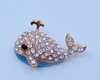 Happy Whale Brooch - Blue Enamel And Rhinestones - Adorable - Near Mint