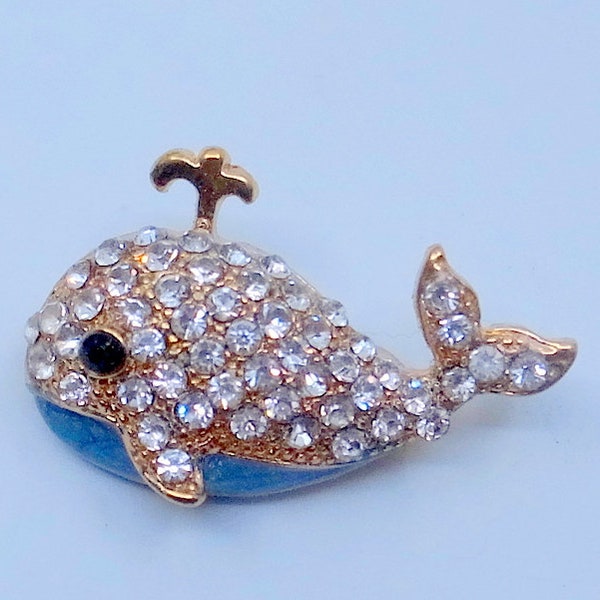 Happy Whale Brooch - Blue Enamel And Rhinestones - Adorable - Near Mint