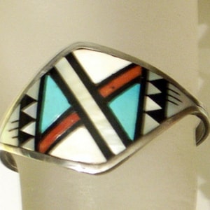 Vintage Zuni Cuff Bracelet - Turquoise Coral Mother-of-Pearl - Signed Sterling Silver - Small Wrist - Art Deco Design - SUE Bowannie