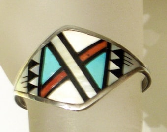 Vintage Zuni Cuff Bracelet - Turquoise Coral Mother-of-Pearl - Signed Sterling Silver - Small Wrist - Art Deco Design - SUE Bowannie