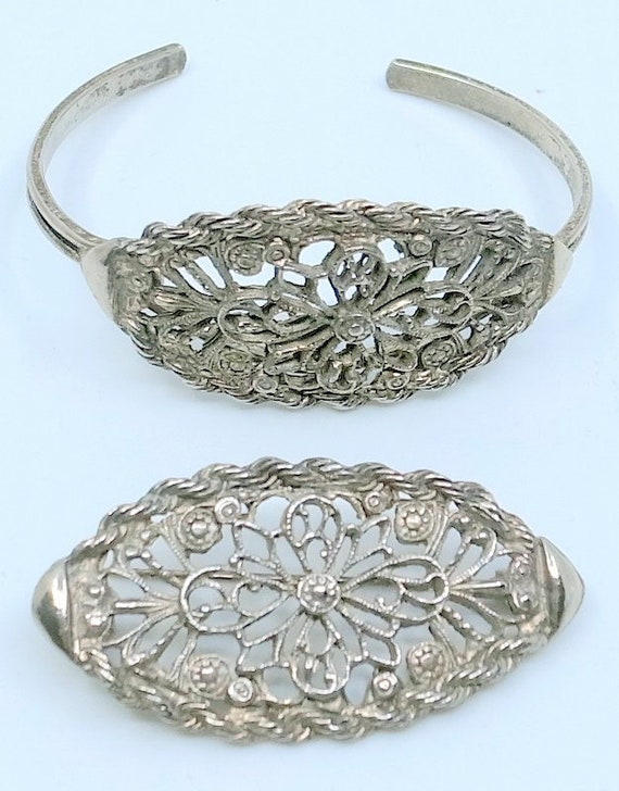 Vintage Filigree Brooch And Cuff Bracelet - Ornat… - image 1