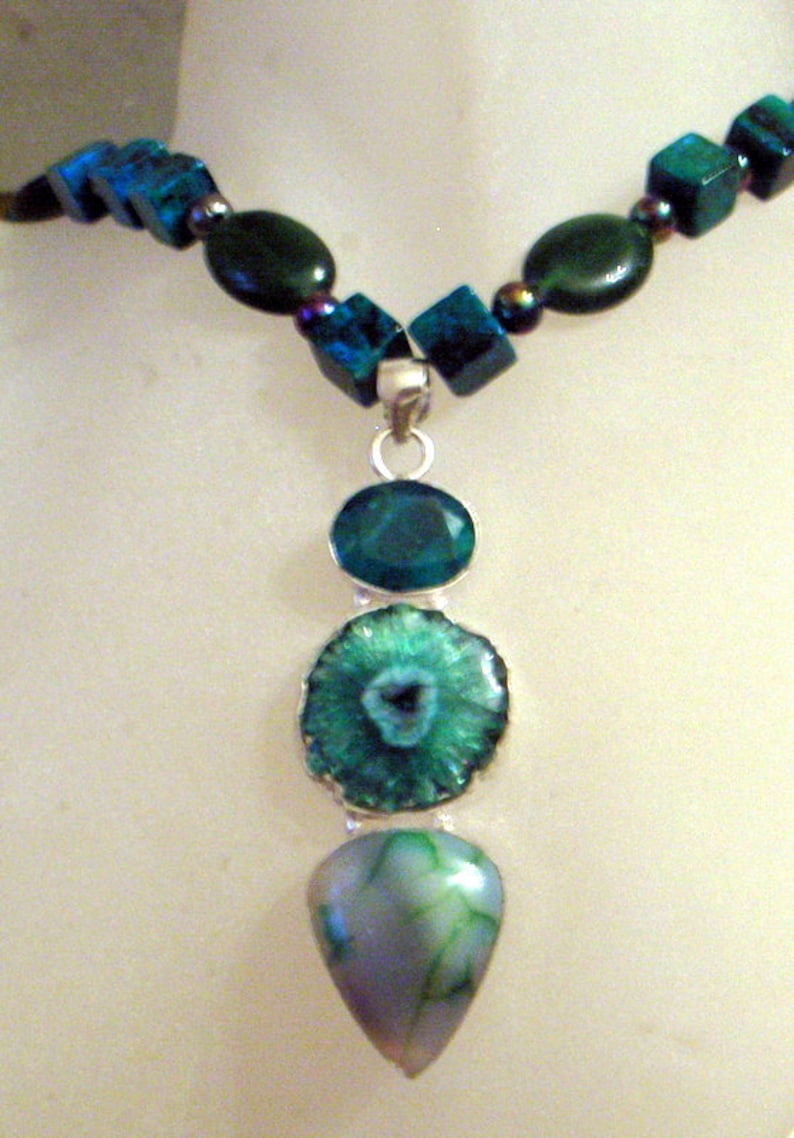 Green Druzy Bracelet And Necklace Set Chrysacola And Real Emerald Gemstone Beads With Real Jade Emerald Green image 1