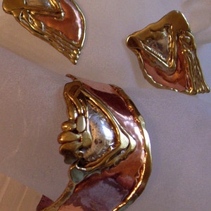 Brutalist Bracelet Earrings Set Modernist Mid-Century Mixed Metals Cuff Big Pierced Earrings-Lovely Condition-SALE image 4