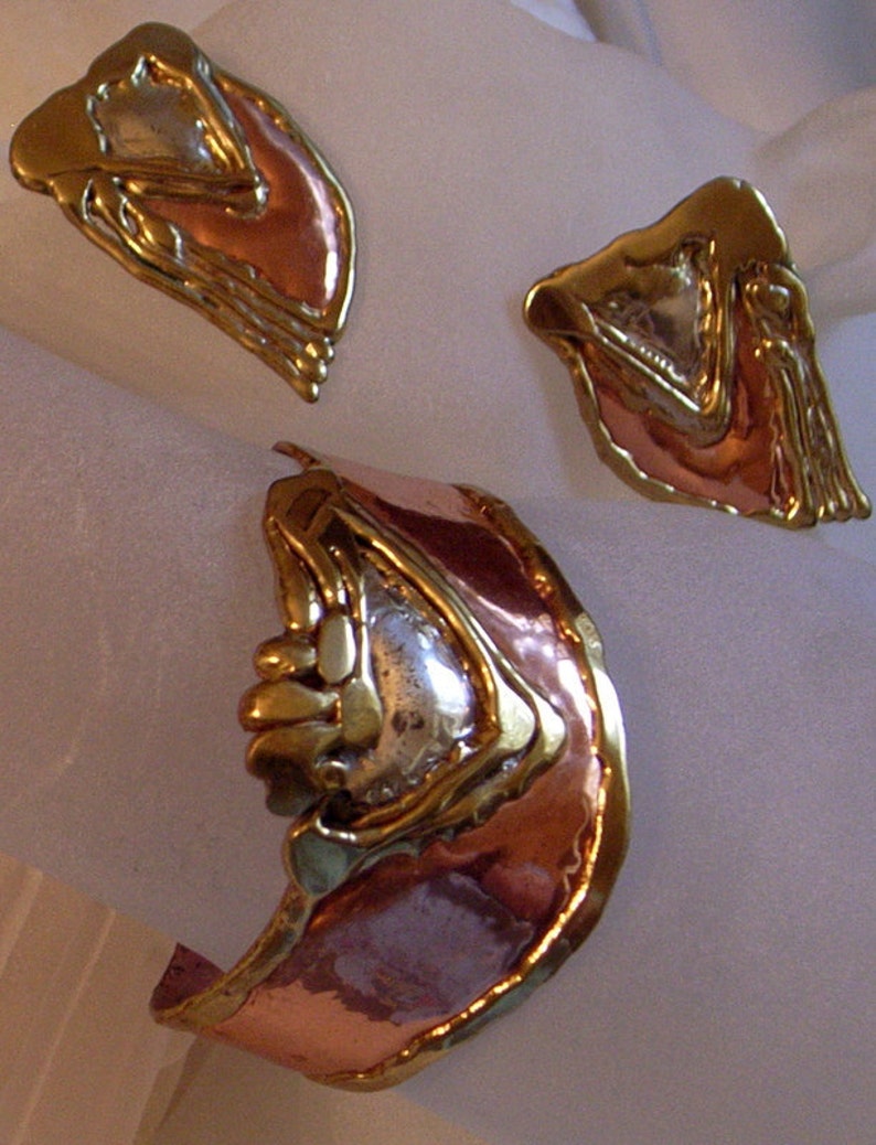 Brutalist Bracelet Earrings Set Modernist Mid-Century Mixed Metals Cuff Big Pierced Earrings-Lovely Condition-SALE image 4
