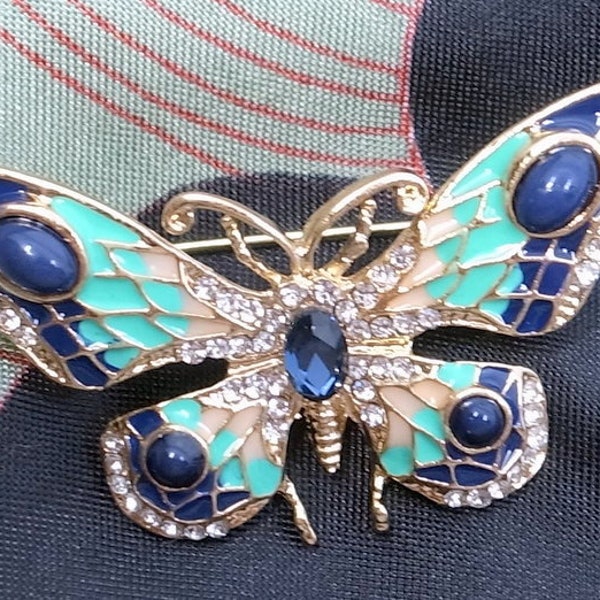 Butterfly Brooch - Green and Black Enamel - Great Condition - Detailed Beauty