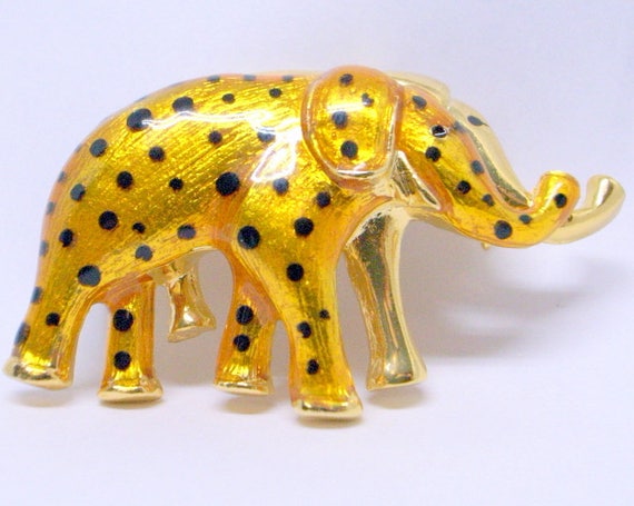 Vintage Elephant Pendant And Brooch -Big Gold Ena… - image 2