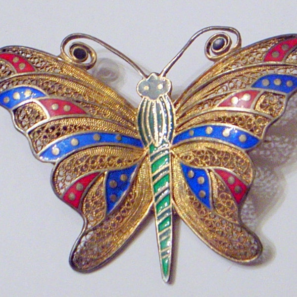 Vintage TOPAZIO Sterling Silver Butterfly - 1940's - Enamel - Red - Blue - Green - Silver Filigree - Beautiful - Handmade - Signed Art Deco