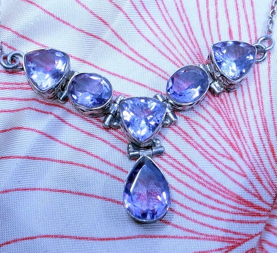 Vintage Amethyst Necklace 6 Big Sparkling Stones Trillion, Oval