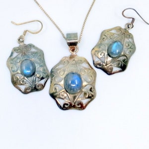 Vintage Blue Moonstone Sterling Necklace Set, Earrings - Sterling Silver - Natural Blue Moonstones - Large Dangle Earrings - Lovely