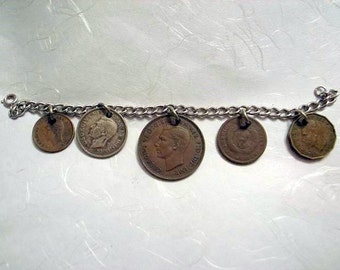 Civil War Coin Charm Bracelet - 1864 - Solid Sterling Silver Bracelet With Antique Coins -Lincoln Era Civil War 1864 2 Cent Piece