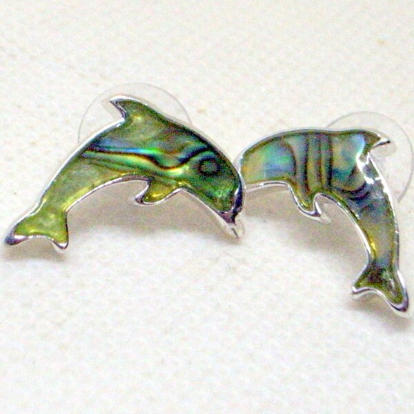 Vintage Dolphin Earrings Green Earrings - Green Dolphins - Green Abalone - Sterling Silver Earrings - Green Silver Earrings