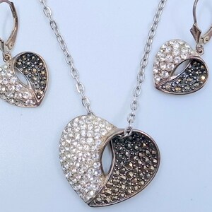 Vintage Sterling  Heart Necklace AND Earrings, - Sterling Silver - Black and White CZ&#39;s - Dangle Earrings - Gift For Her - Valentine