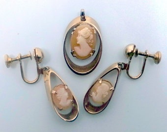 Vintage Cameo Pendant AND Matching Dangle Screw Back Earrings - Unusual Design - Great Gift For Mother