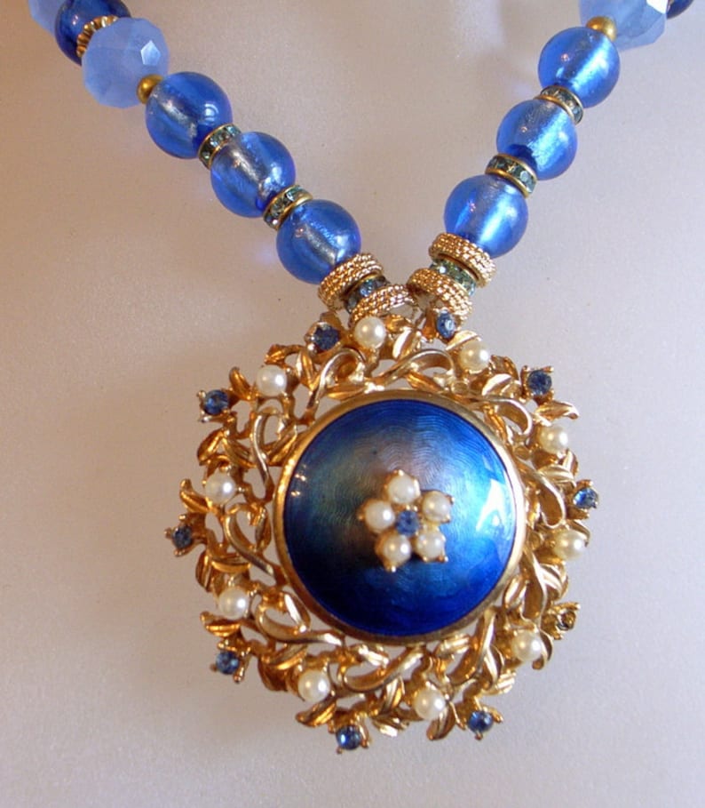 Blue Enamel Necklace Vintage Blue Guilloche' Enamel - Etsy UK