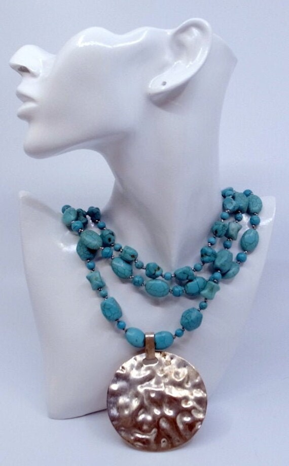 Vintage 3 Strand Turquoise Necklace With Huge Brut