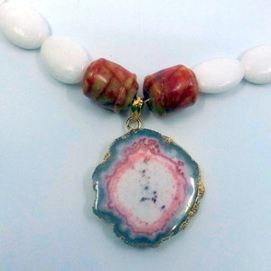 Beaded Necklace With Stone Brutalist Pendant And Carved Coral Accents Long Red And White And Grey image 1