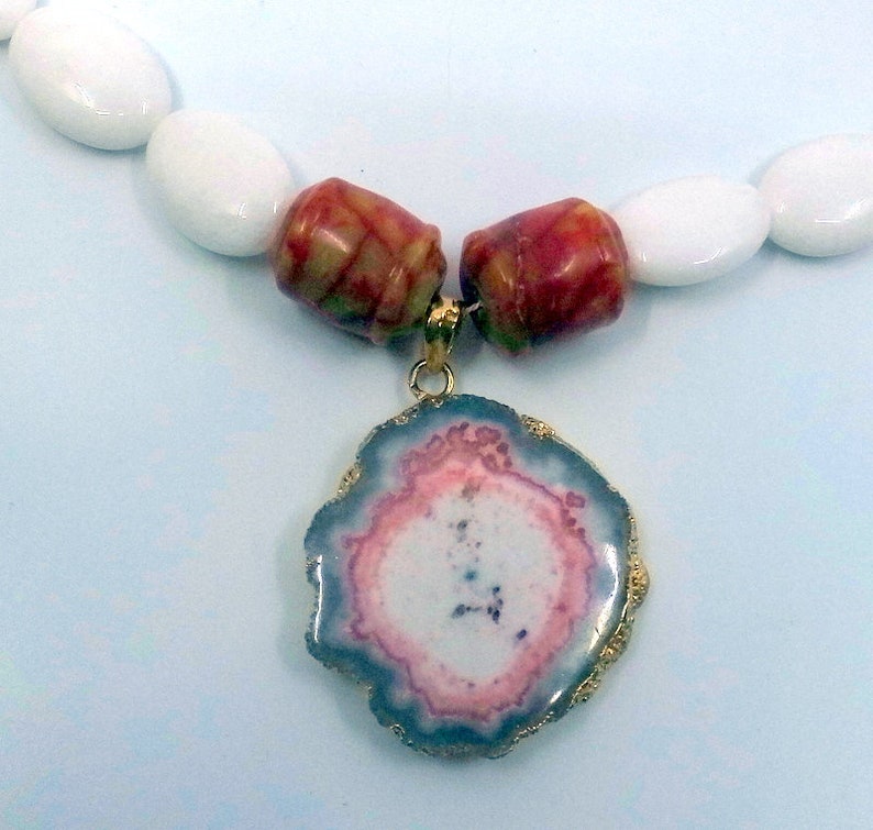 Beaded Necklace With Stone Brutalist Pendant And Carved Coral Accents Long Red And White And Grey image 1