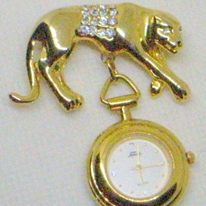 Vintage FABERGE' Panther Brooch Watch - Hallmarked And Numbered - Panther with Rhinestones - Gold - Runs - Working Watch